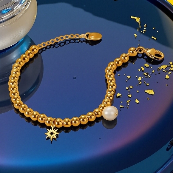 ๐๏ธ18K Gold Plated Stainless Steel Beaded Bracelet with Sun & Pearl Charms โจ - Picture 3 of 12